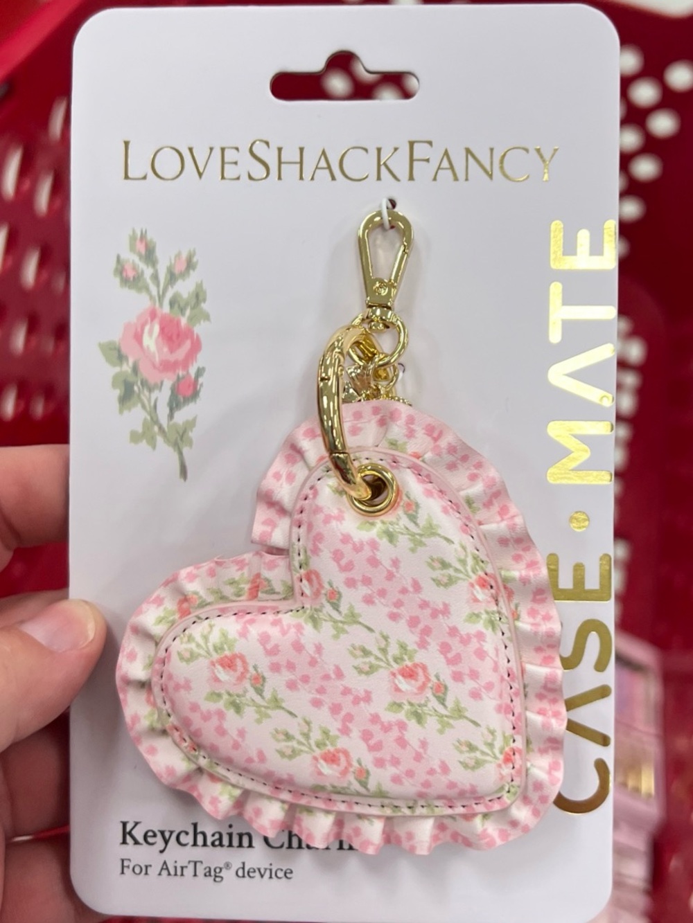 LoveShackFancy Pink Floral Ruffle Heart Keychain with Gold Clasp AirTag holder